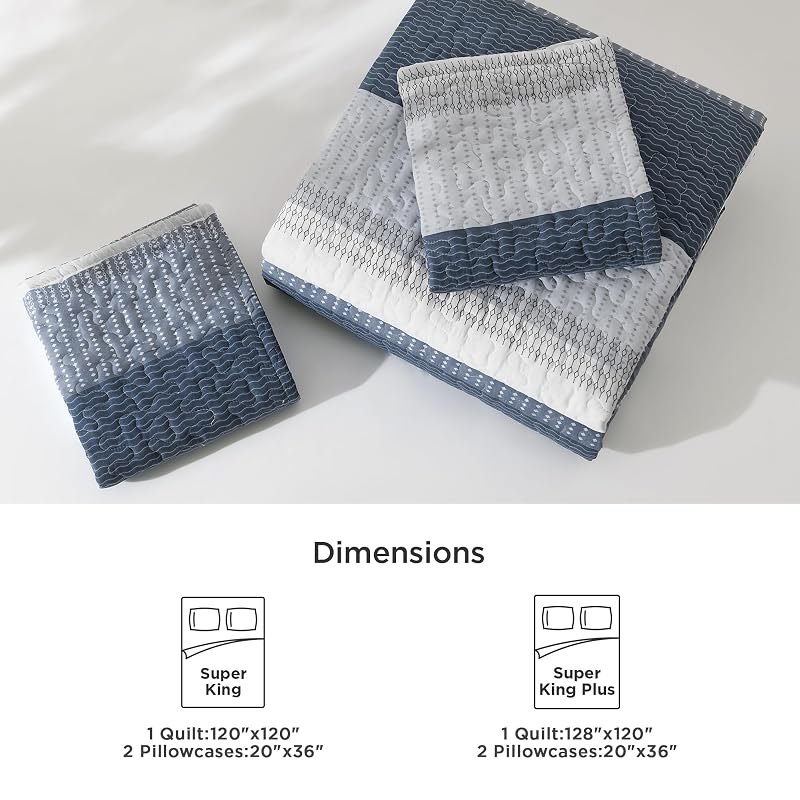 Litanika Super King Quilt Set Navy Blue Stripes - 3 Pcs 120" x 120" 2 Pillowcases (Variation 05)