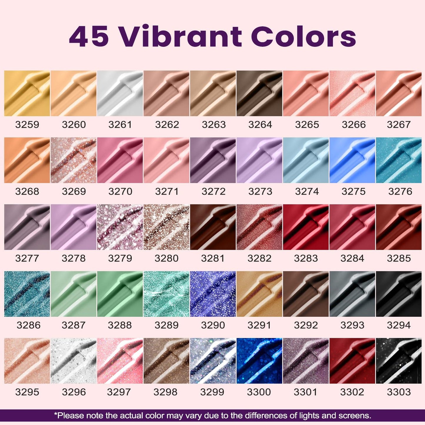 Lavender Violets 49 Pcs Gel Nail Polish Set, 45 Colors Gel Polish U V LED with Base, Glossy & Matte Top Coat for Nail Art Designs A907