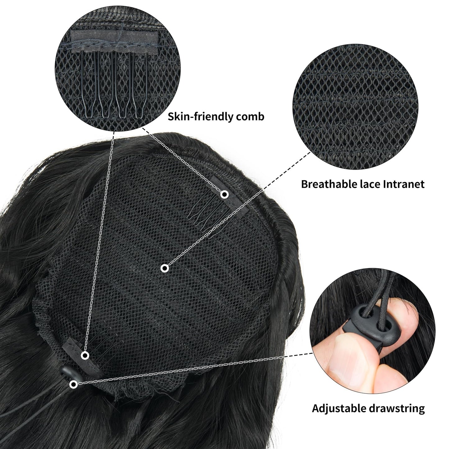 26 inch Black Ponytail Extension, Drawstring Ponytail for Women, Long Wavy Pony Tails Hair Extensions, Synthetic Hair Extensions Ponytail for Daily Use (Color: Black)