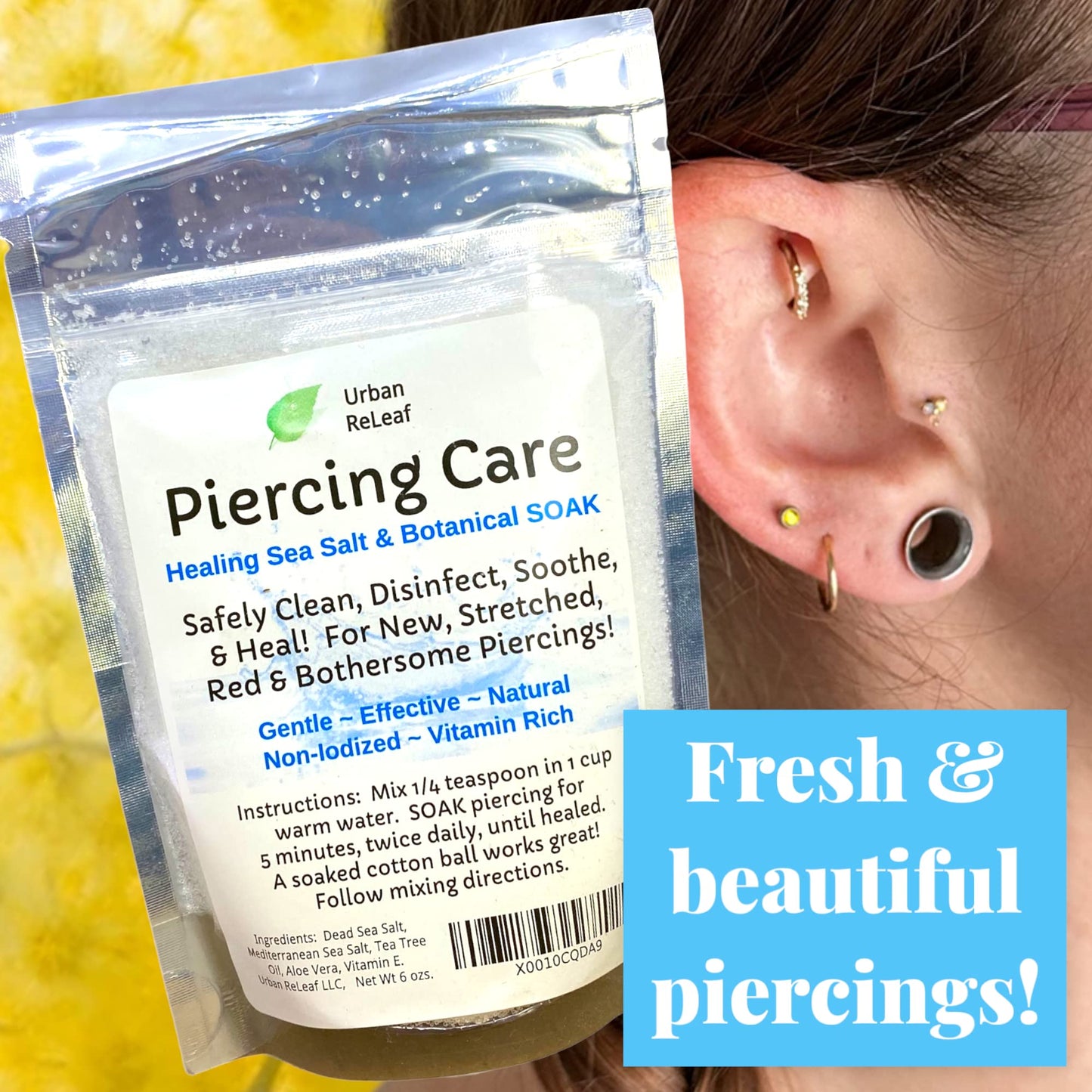 Urban ReLeaf Piercing Care 6 oz. Bag, Soothing Sea Salt & Botanical SOAK. Aftercare Solution Concentrate, Makes 90 Cups.