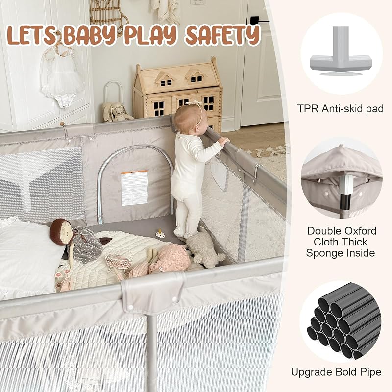 47x47in Baby Playpen with Mat (Grey) — Play Yard for Babies & Toddlers, Foldable
