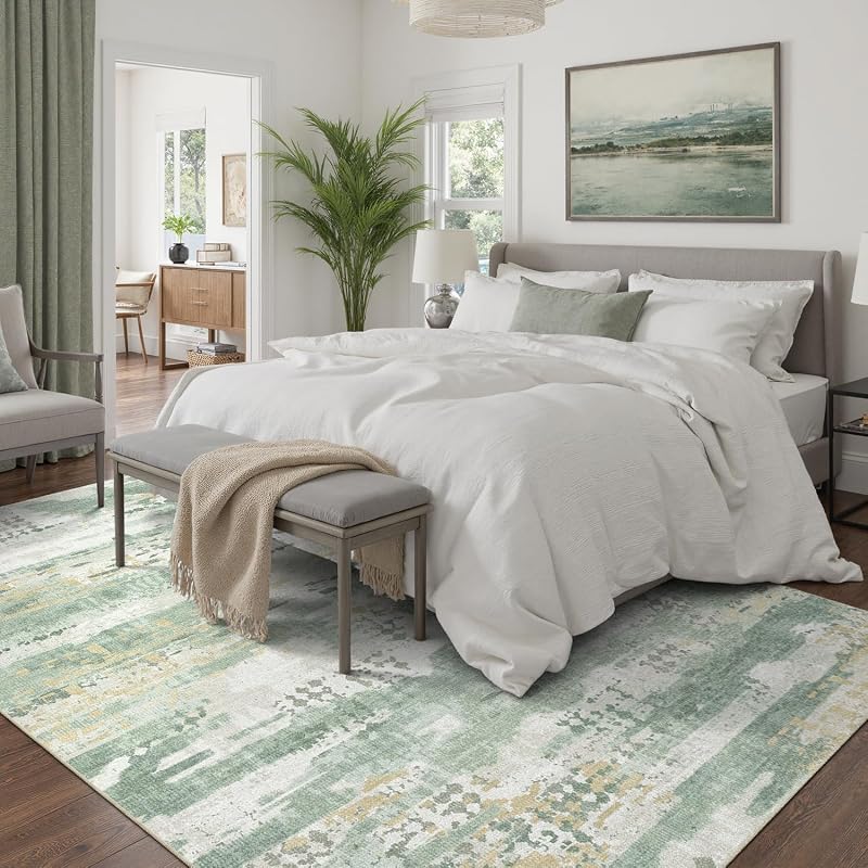 DCX Washable Abstract Area Rug 8x10 - Non-Slip, Sage Green, 1/4" Pile — Variation: Green & White+8' x 10' (Rectangular)