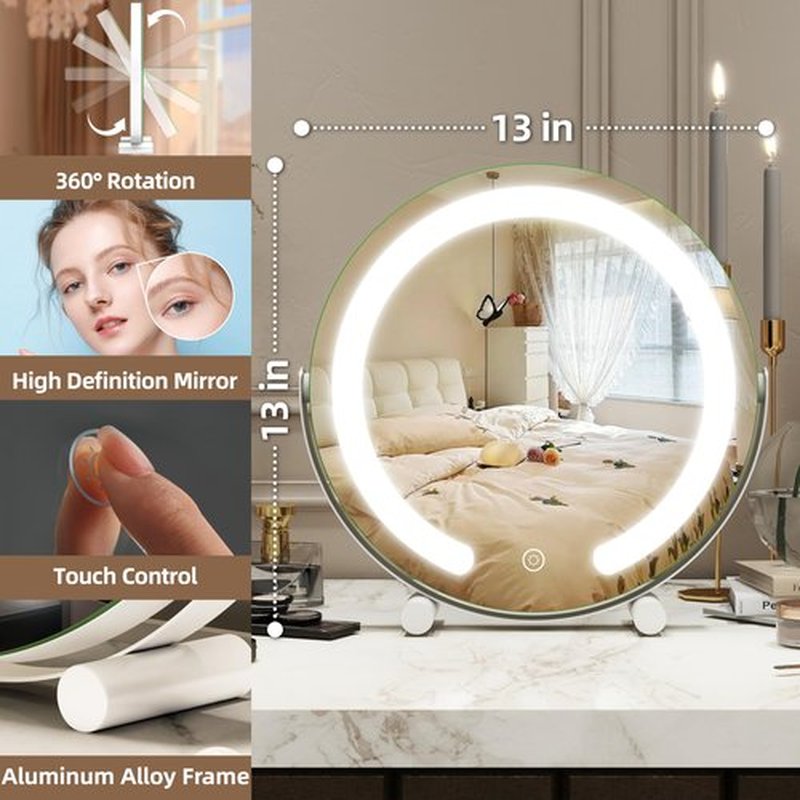 FENNIO Vanity Mirror with Lights, 13 inch COB LED Lighted Makeup Mirror, Round Makeup Mirror with Lights with 3-Color Lighting, 360° Rotation, Dimmable for Tabletop, Bedroom
