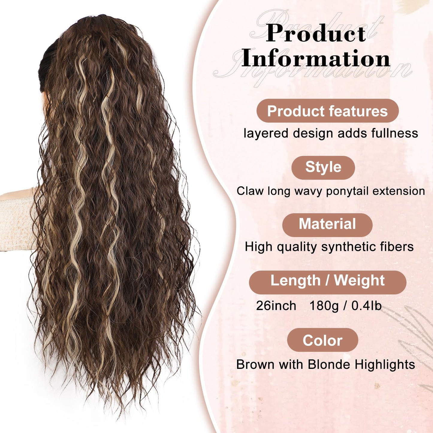 QGZ Ponytail Extension 26 Inch Claw Clip in Ponytail Extensions Long Wavy Curly Fluffy Pony Tails Hair Extensions Synthetic Hairpieces for Women(Brown with Blonde Highlights)