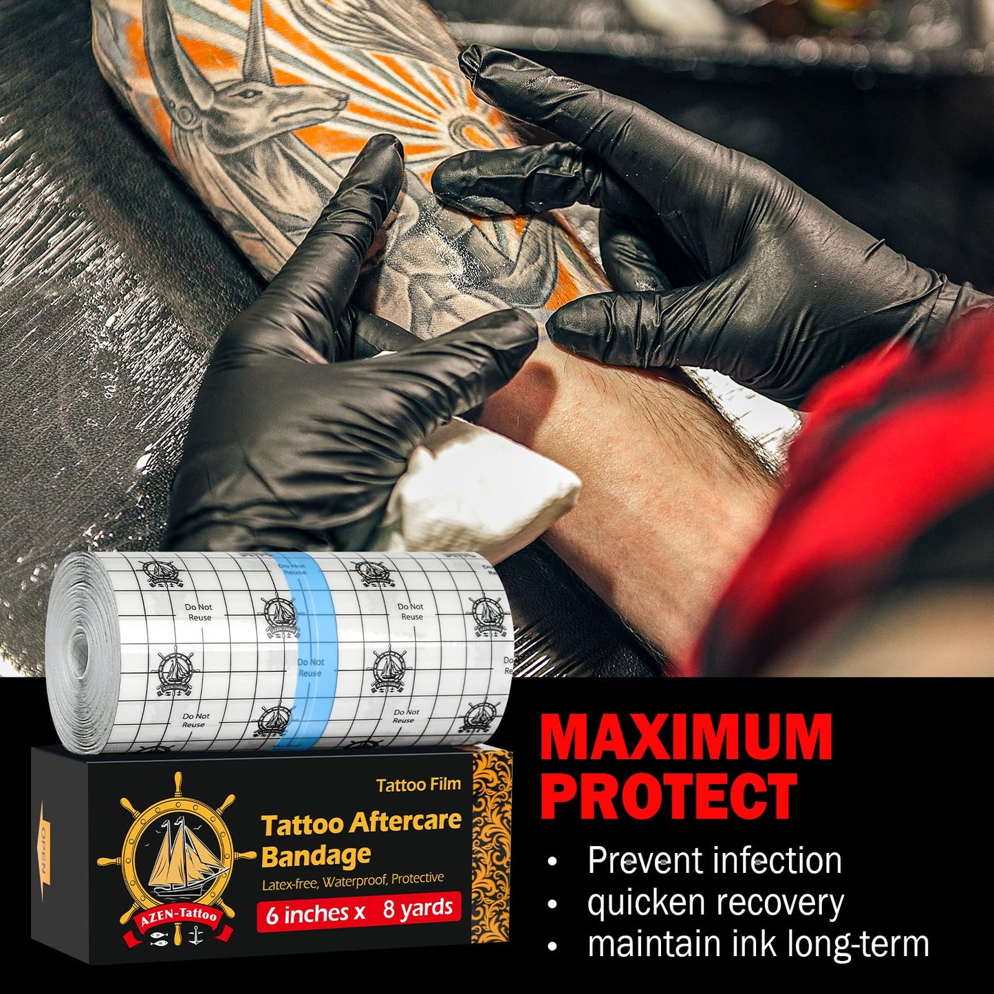 AZEN Tattoo Aftercare Bandage, 6"x 8 Yard, Waterproof Second Skin Cover up Tape, Healing Wrap, Tattoo Supplies