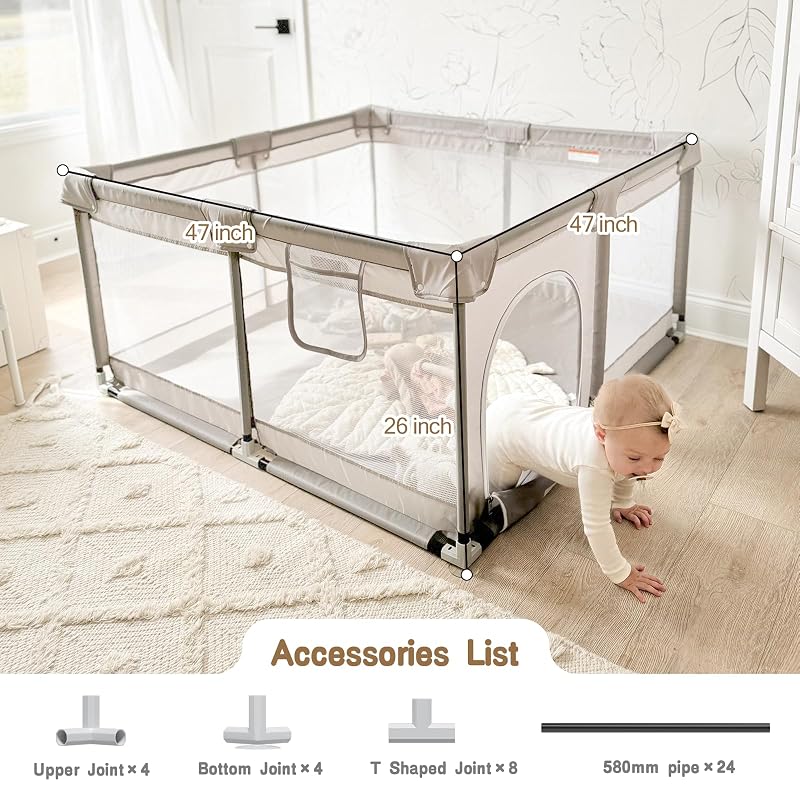 47x47in Baby Playpen with Mat (Grey) — Play Yard for Babies & Toddlers, Foldable