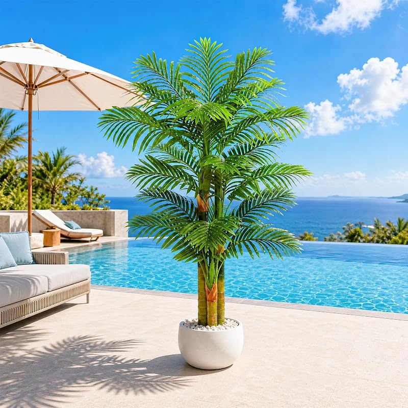 5FT Artificial Golden Cane Palm Tree with White Pot - UV Resistant, Indoor/Outdoor