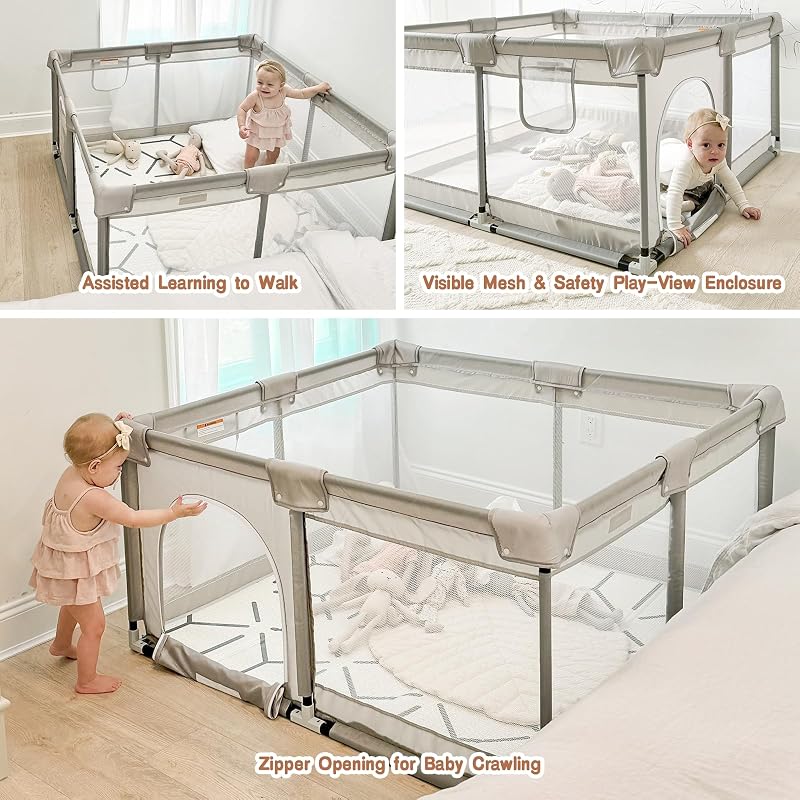 47x47in Baby Playpen with Mat (Grey) — Play Yard for Babies & Toddlers, Foldable