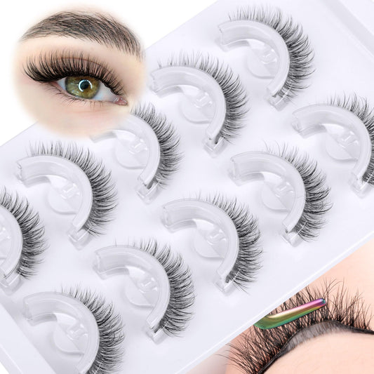 Natural Self Adhesive Eyelashes Cat Eye Lashes Natural Look Wispy Self Adhesive Lashes Clear Band Reusable 8-10MM Short Pre Glued Lashes No Glued Needed Natural Stick On Lashes 5 Pairs by Zegaine