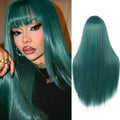 WIGER Long Green Wigs with Bangs Straight Dark Green Hair Wig for Women Long Bangs wig Full Green Cosplay Wig for Girls Synthetic Natural Hair for Daily or Costumes (Green with Bangs)