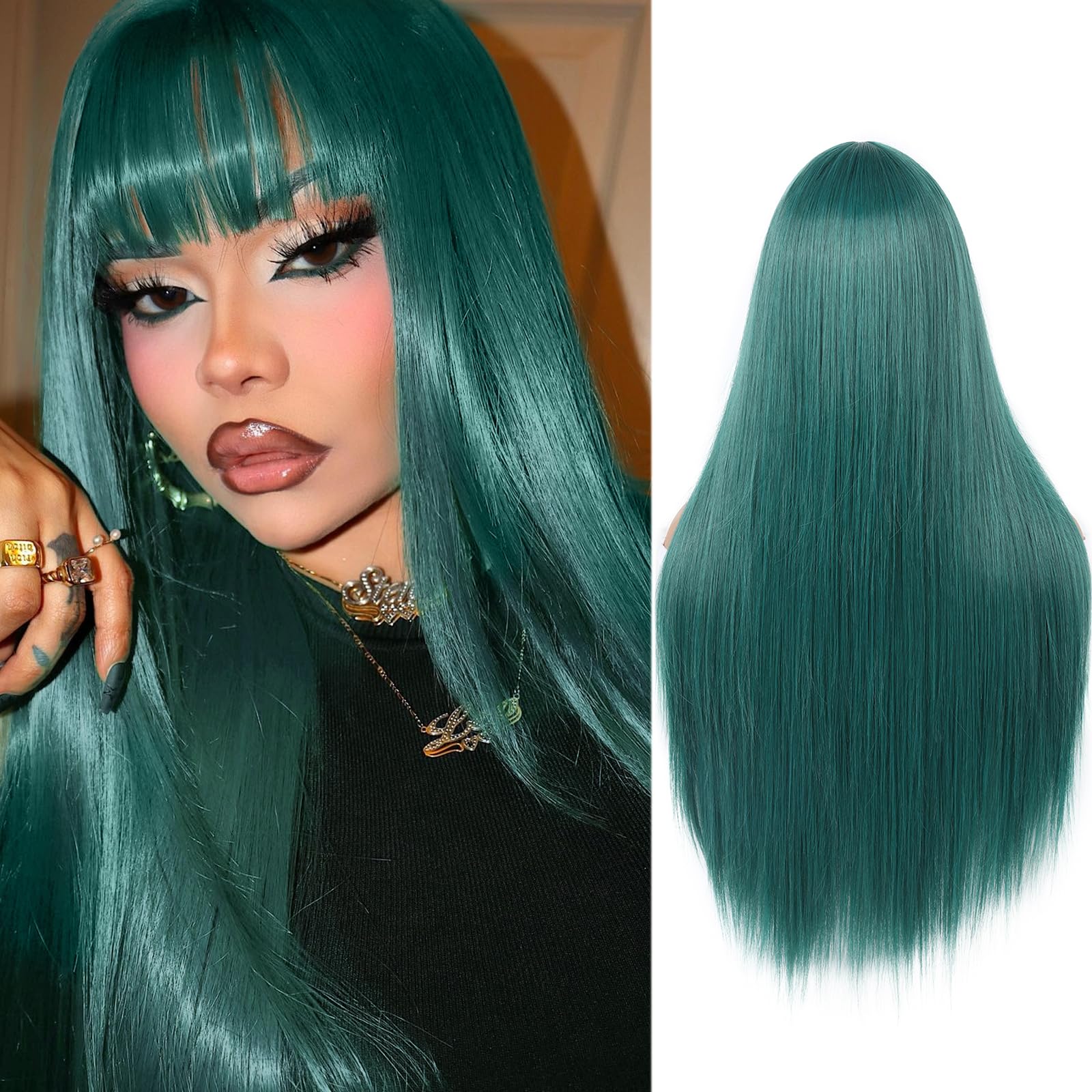 WIGER Long Green Wigs with Bangs Straight Dark Green Hair Wig for Women Long Bangs wig Full Green Cosplay Wig for Girls Synthetic Natural Hair for Daily or Costumes (Green with Bangs)