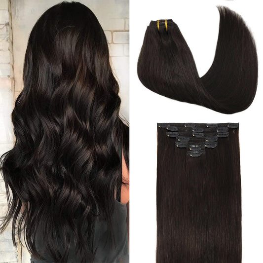 GOO GOO Clip in Hair Extensions Real Human Hair, Remy Human Hair Extensions Clip ins for Women, Natural Human Hair, 22inch 120g 7Pcs, 2 Dark Brown