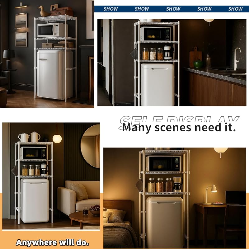 Dorm Mini Fridge Stand with Storage, 24"L x 17.7"W x 63"H, White – Over-Fridge Shelf & Multi-Functional Storage Rack