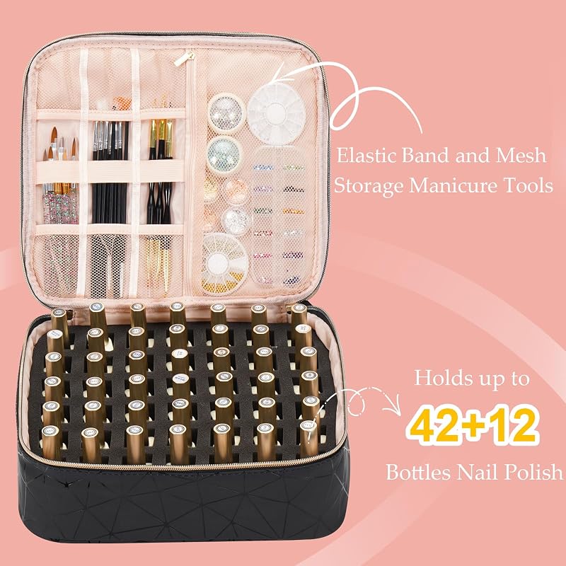 Nail Polish Organizer Bag Holds 54 Bottles - Large 11 x 9.5 x 9.5in, Black