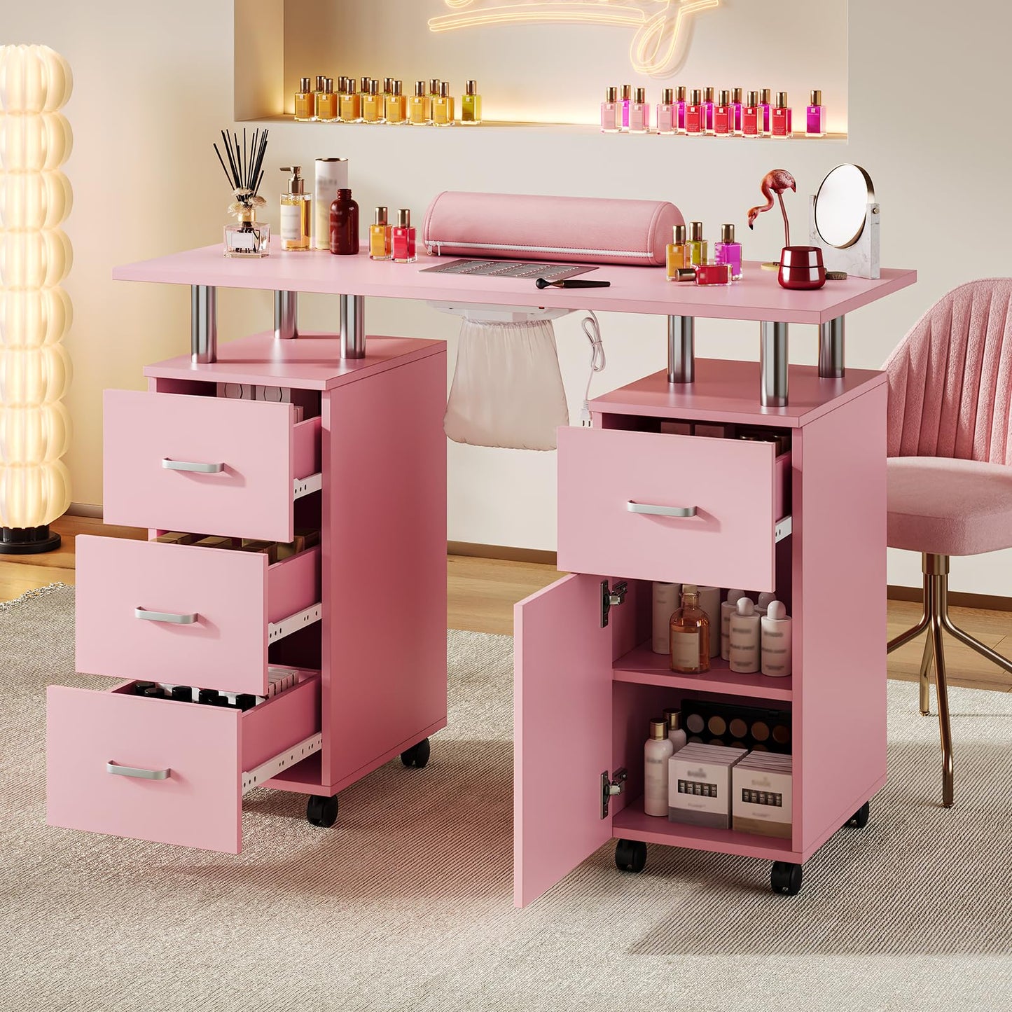 PeacefulHues Manicure Table Nail Desk, Nail Station with Electric Dust Collector, Wrist Rest and Storage Drawers Cabinet, Beauty Salon Workstation for Nail Tech, Pink