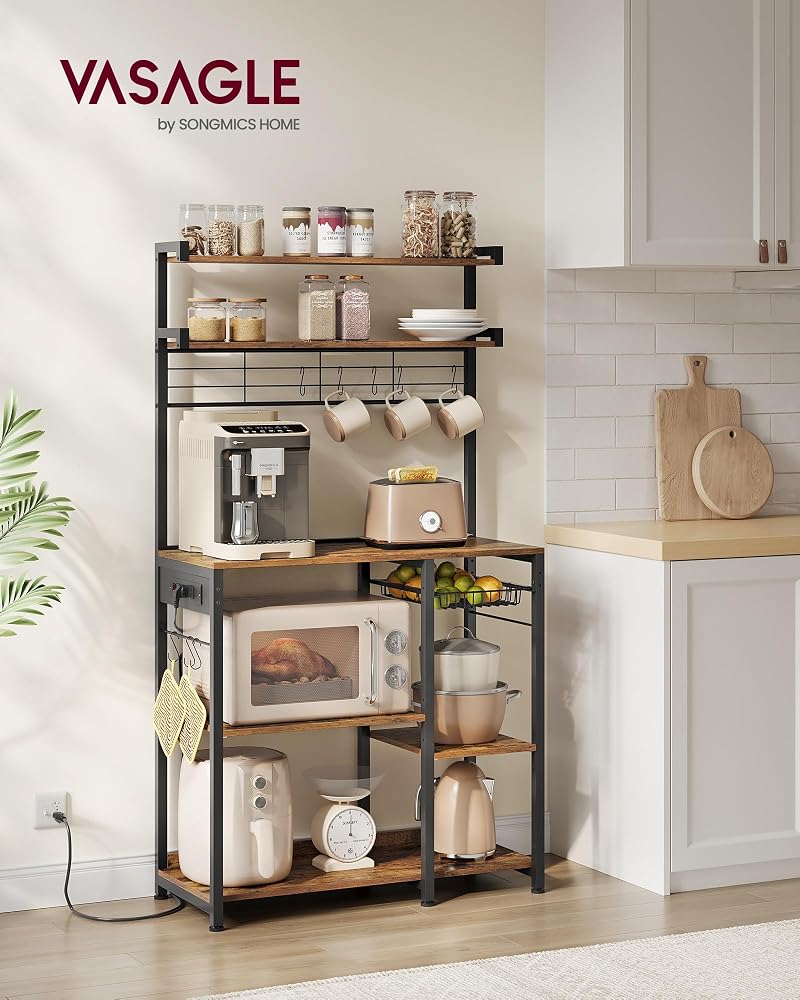 VASAGLE Rustic Brown 35.4W Baker's Rack with Power Outlet, 2 Lower Shelves & 8 Hooks