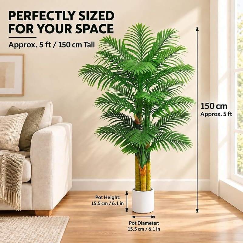5FT Artificial Golden Cane Palm Tree with White Pot - UV Resistant, Indoor/Outdoor