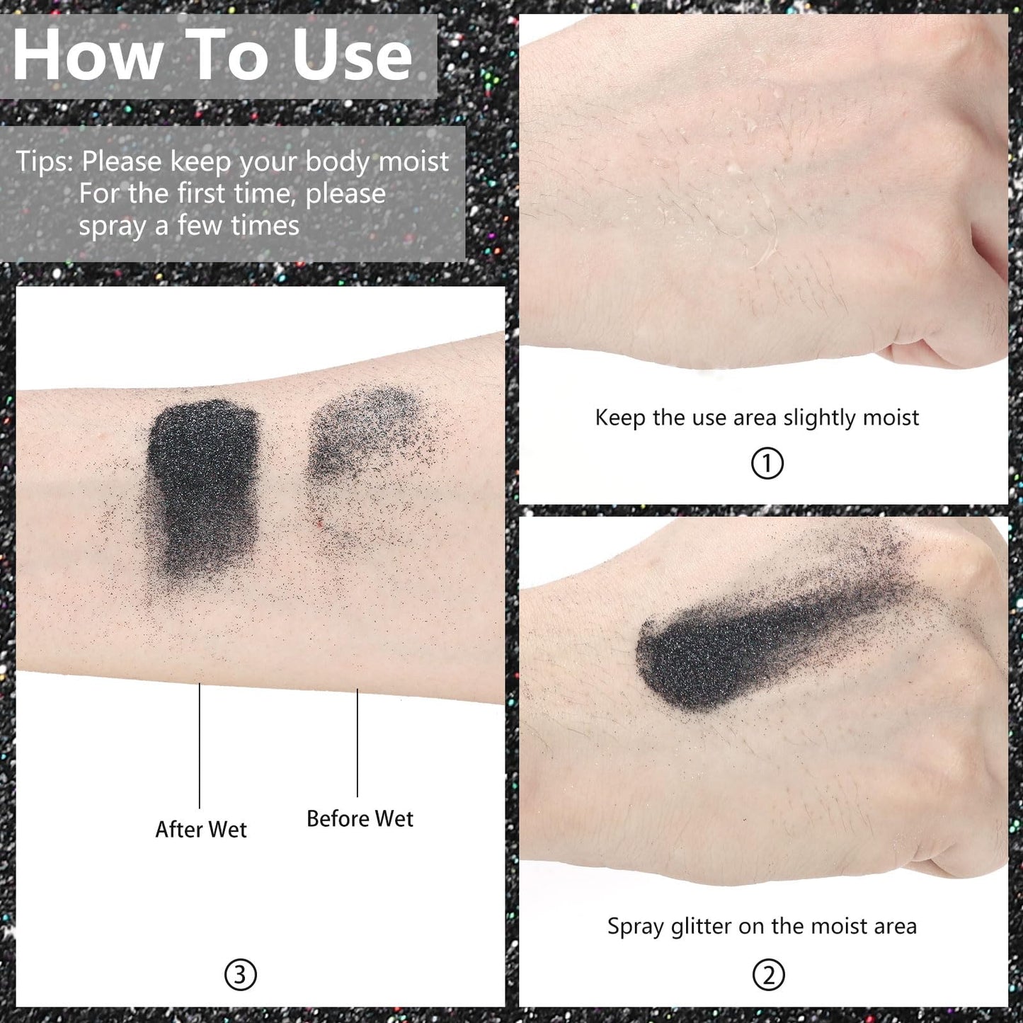 Etercycle Glitter Body Spray, Black Face Glitter for Women, Long-Lasting and Quick-Drying Shimmering Powder Extra Fine Glitter for Highlighter Makeup Festival Party Concert Rave Accessories