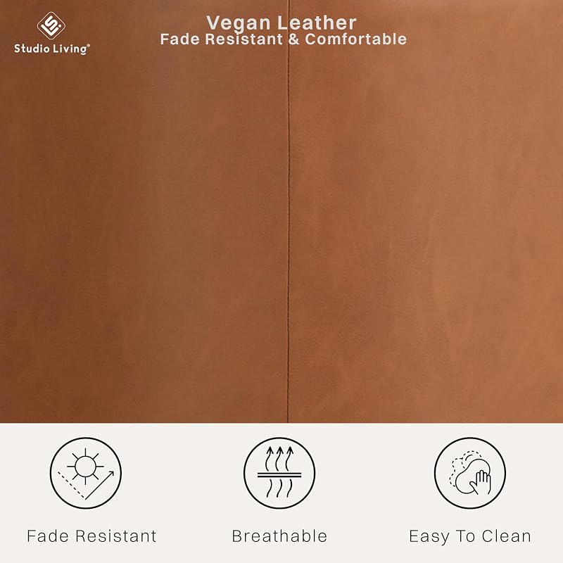 Wentworth 19” Round Faux Leather Ottoman Bench - Caramel Brown, Stationary Backless Footstool