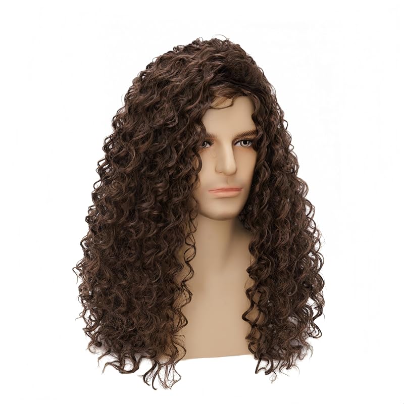 Mens Long Brown Curly Wig - Heat-Resistant Synthetic Cosplay Hair, Miradin Variation Brown-3