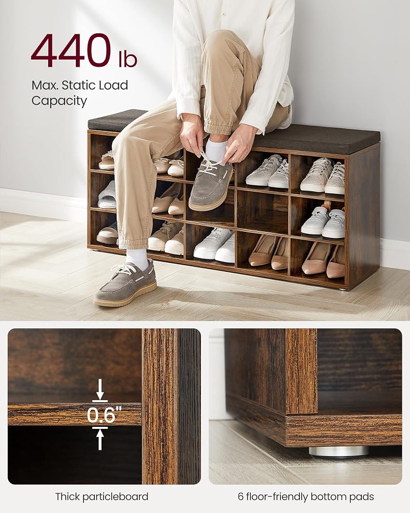 VASAGLE Rustic 15-Cubby Shoe Bench with Cushion - Brown