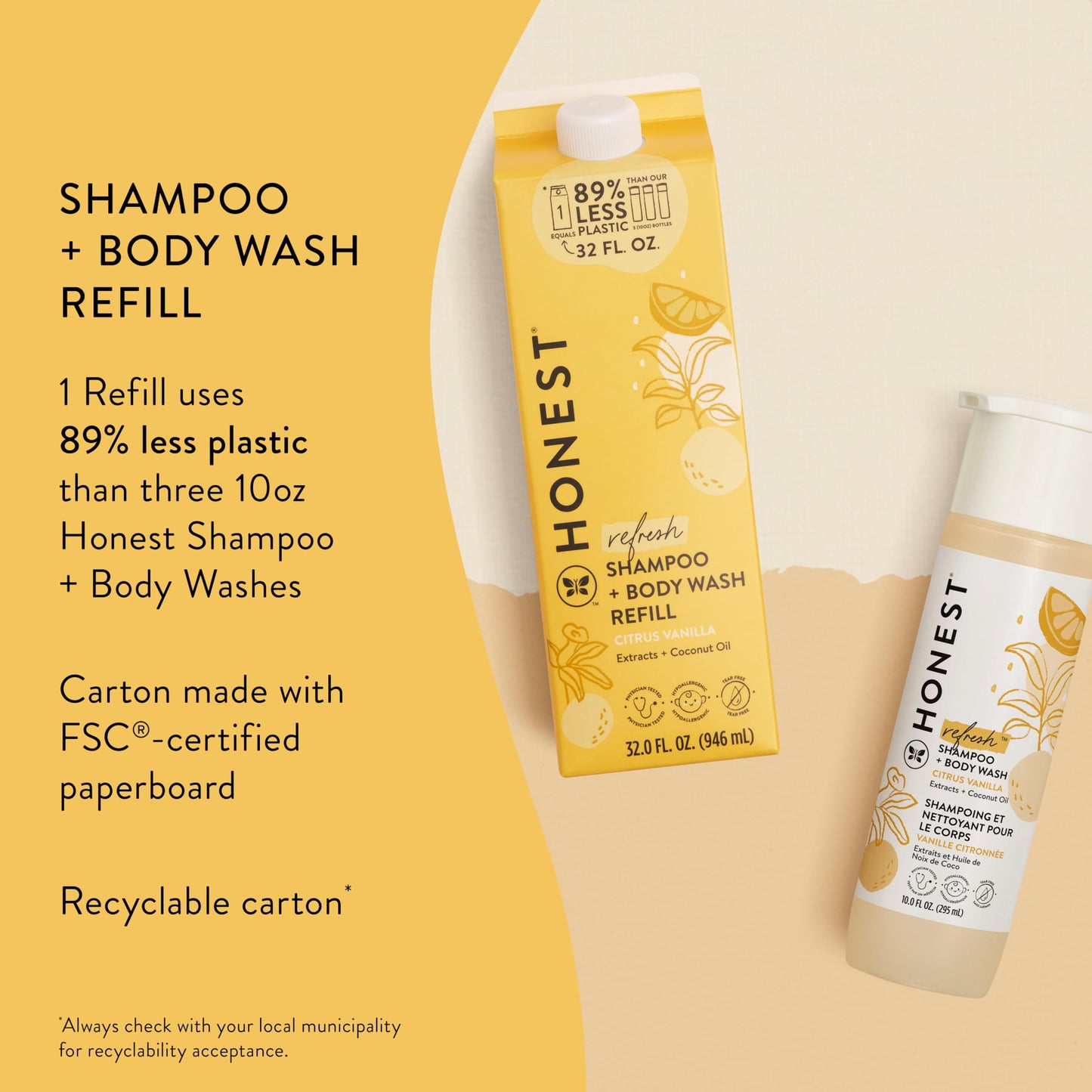 The Honest Company 2-in-1 Cleansing Shampoo + Body Wash Refill Carton | Gentle for Baby | Naturally Derived, Tear-free, Hypoallergenic | Citrus Vanilla Refresh, 32 fl oz