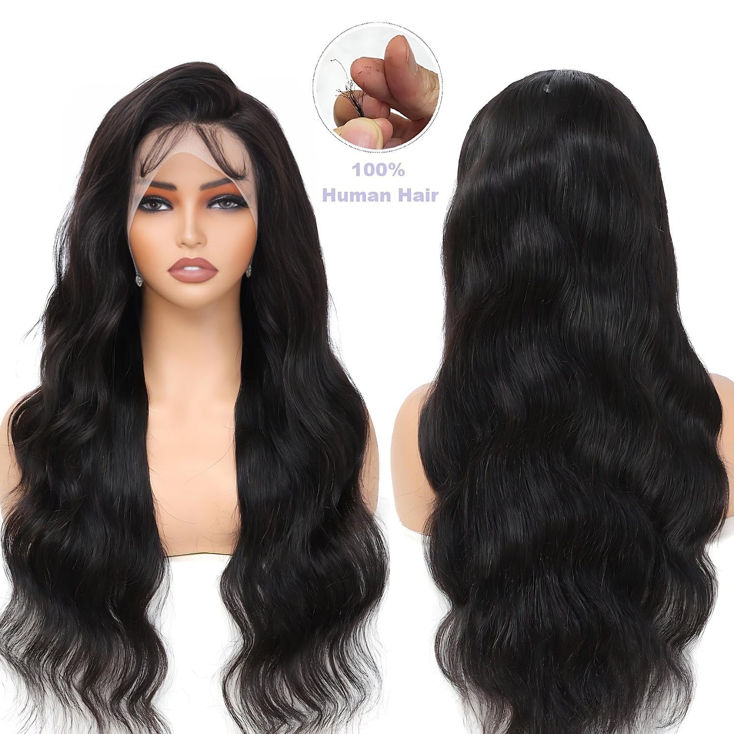 PINKEAGLE 34 Inch 13x6 Lace Front Wigs Human Hair 200% Density Body Wave HD Lace Front Wigs Human Hair Pre Plucked Glueless 13x6 Full Frontal Wig for Women Natural Black