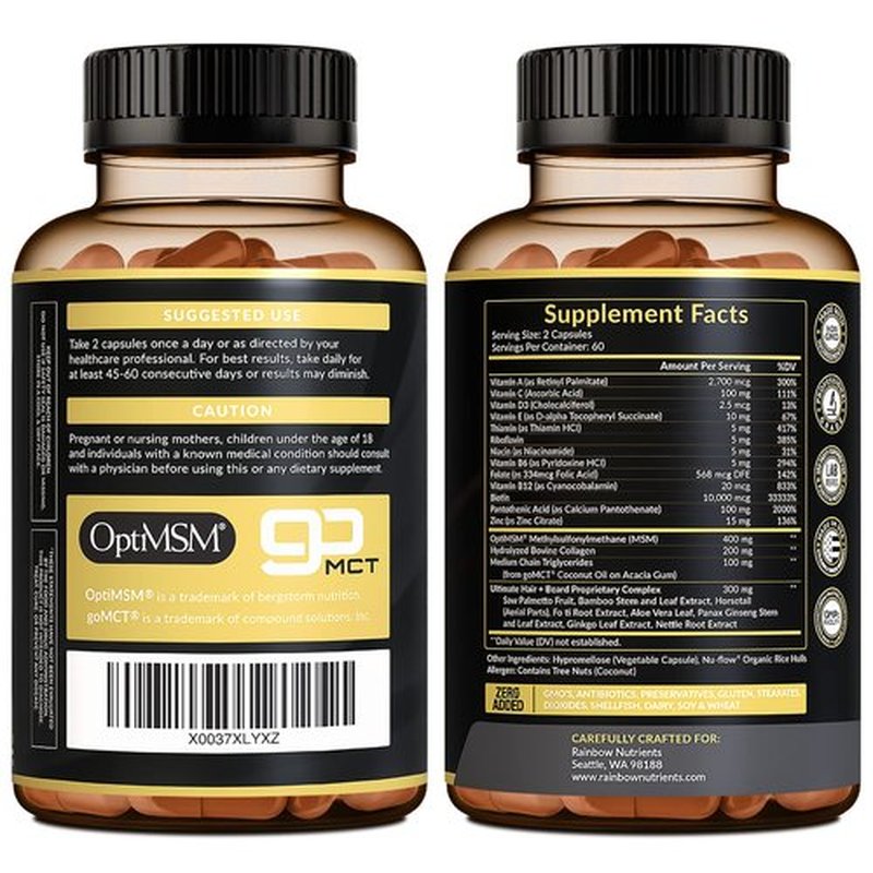 Hair + Beard Growth Vitamins for Men | Biotin 10,000mcg, Collagen, Patented OptiMSM®, goMCT®, Saw Palmetto | 60 Day Supply | Naturally Regrow Stronger, Thicker, Healthier Hair & Stops Hair Los