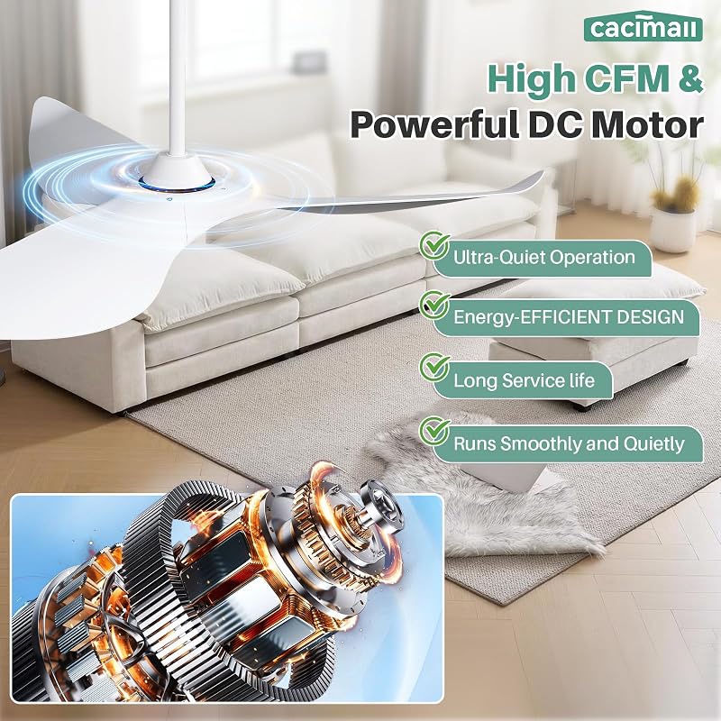 52-Inch White Ceiling Fan with Remote, 6 Speeds, Low Profile Dc Motor - A-52 Inch/White+52 Inch
