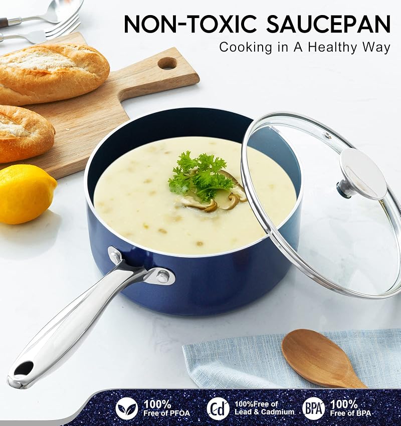 Ceramic Nonstick Sauce Pan Set 1 Qt + 2 Qt + 3 Qt with Lids - Blue