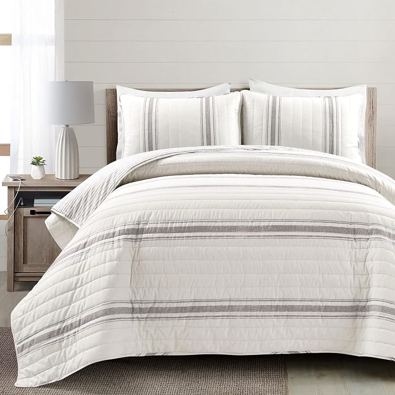 King Size Reversible Cotton Quilt Set - Farmhouse Gray Stripe 3 Piece (Gray + King)