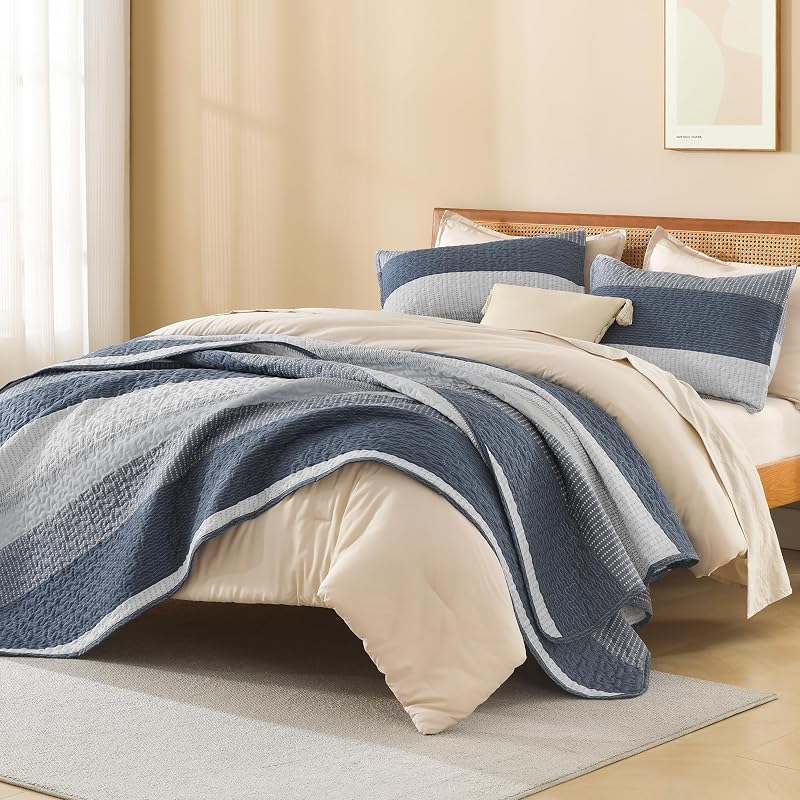 Litanika Super King Quilt Set Navy Blue Stripes - 3 Pcs 120" x 120" 2 Pillowcases (Variation 05)