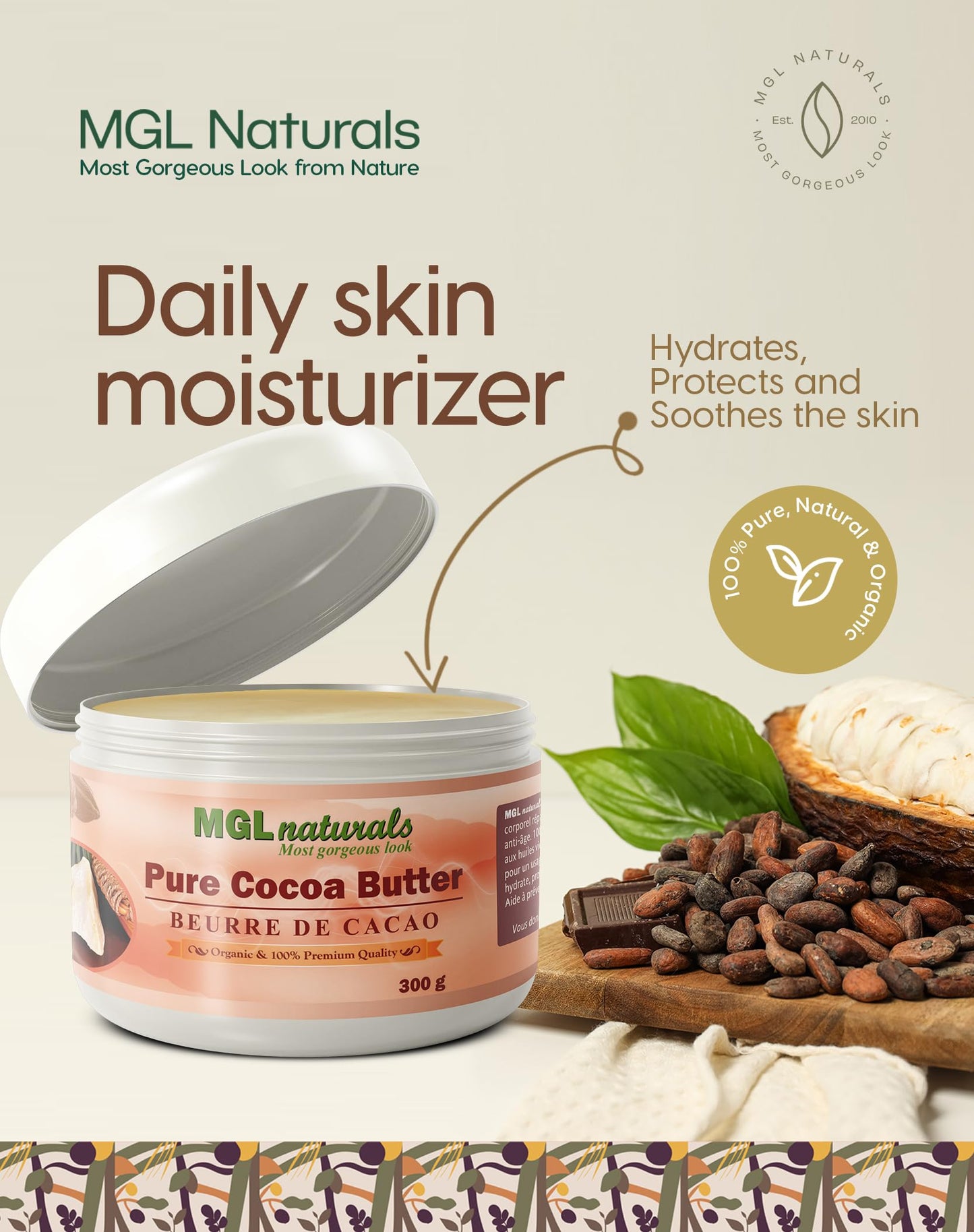 Raw Cocoa Butter, whipped, unrefined. Moisturizing and nourishing body butter for gorgeous skin. Use as cream for stretch marks, tattoo care, dry skin, feet and hands. From Ghana,11 oz / 300g