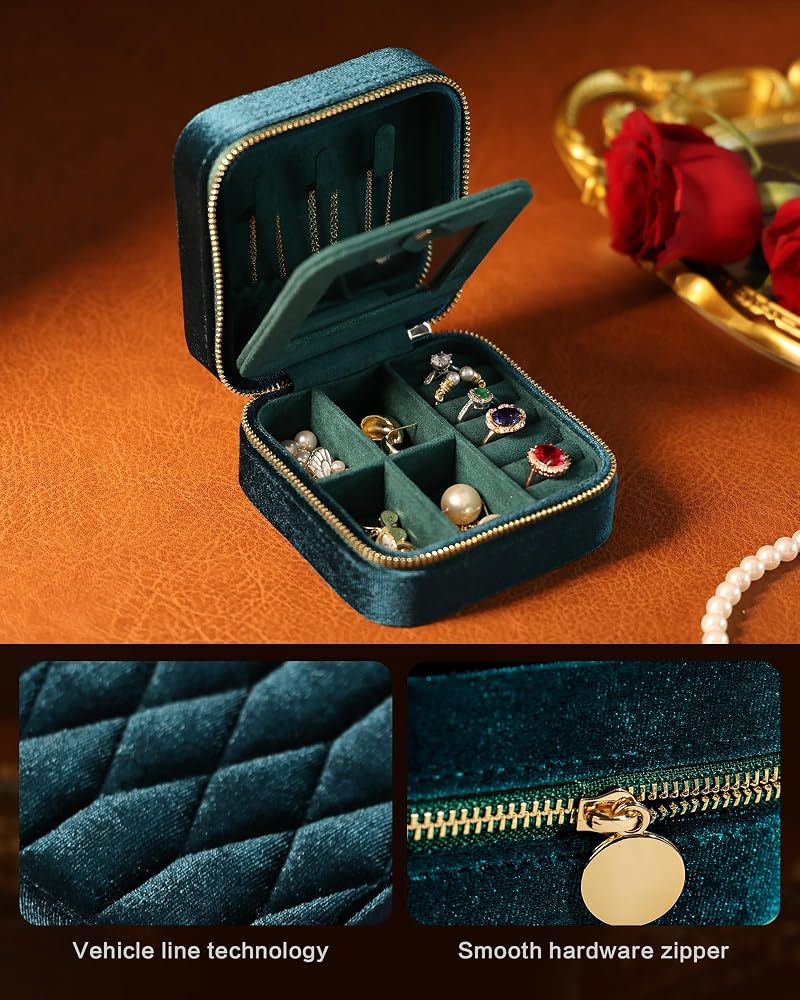 Velvet Jewelry Box Travel Organizer with Mirror - Light Blue, Adjustable Compartments
