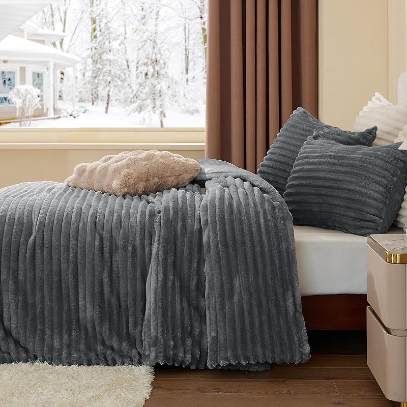 BEDELITE Grey King Comforter Set with Faux Fur, Micro-Mink & Flannel Reversible