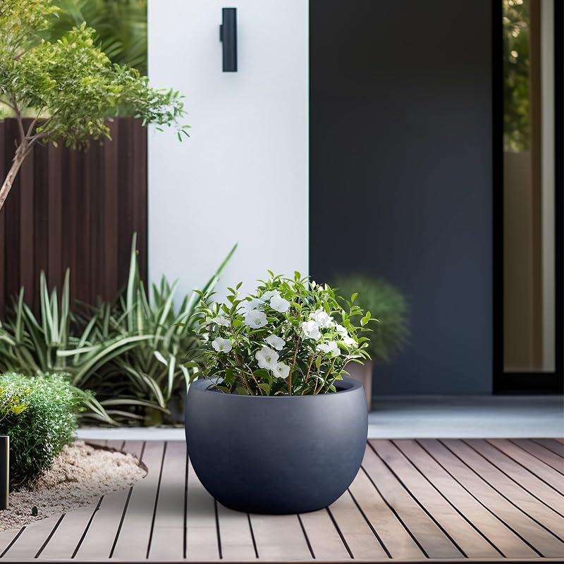 Large Round Charcoal Concrete Planter 19.9" Dia - Outdoor with Drainage Plug