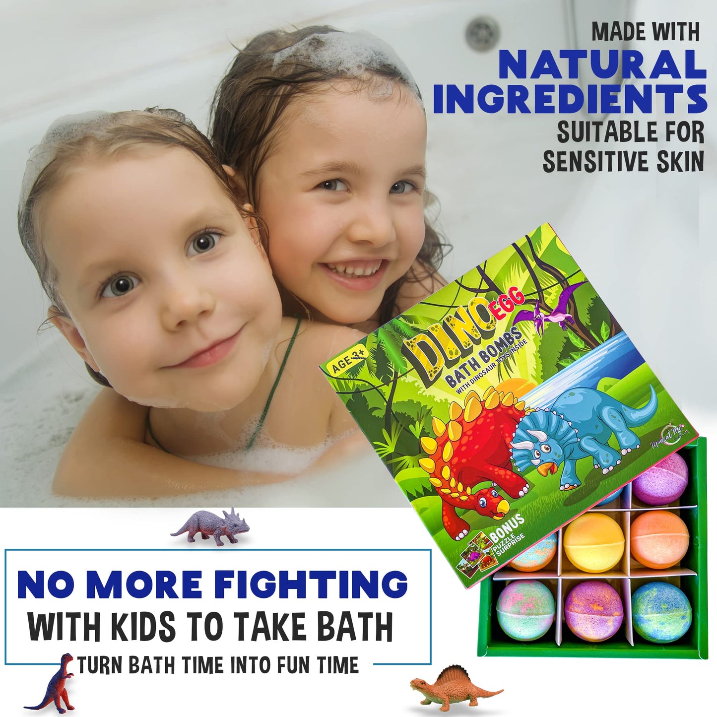 Bath Bombs for Kids with Surprise Toys Inside Plus Dinosaur Puzzle - 9 Organic Dino Egg Bath Bombs, Gentle and Kids Safe, Fizzy Balls with Rich Bubbles, Stocking Stuffers Christmas Gifts for Kids