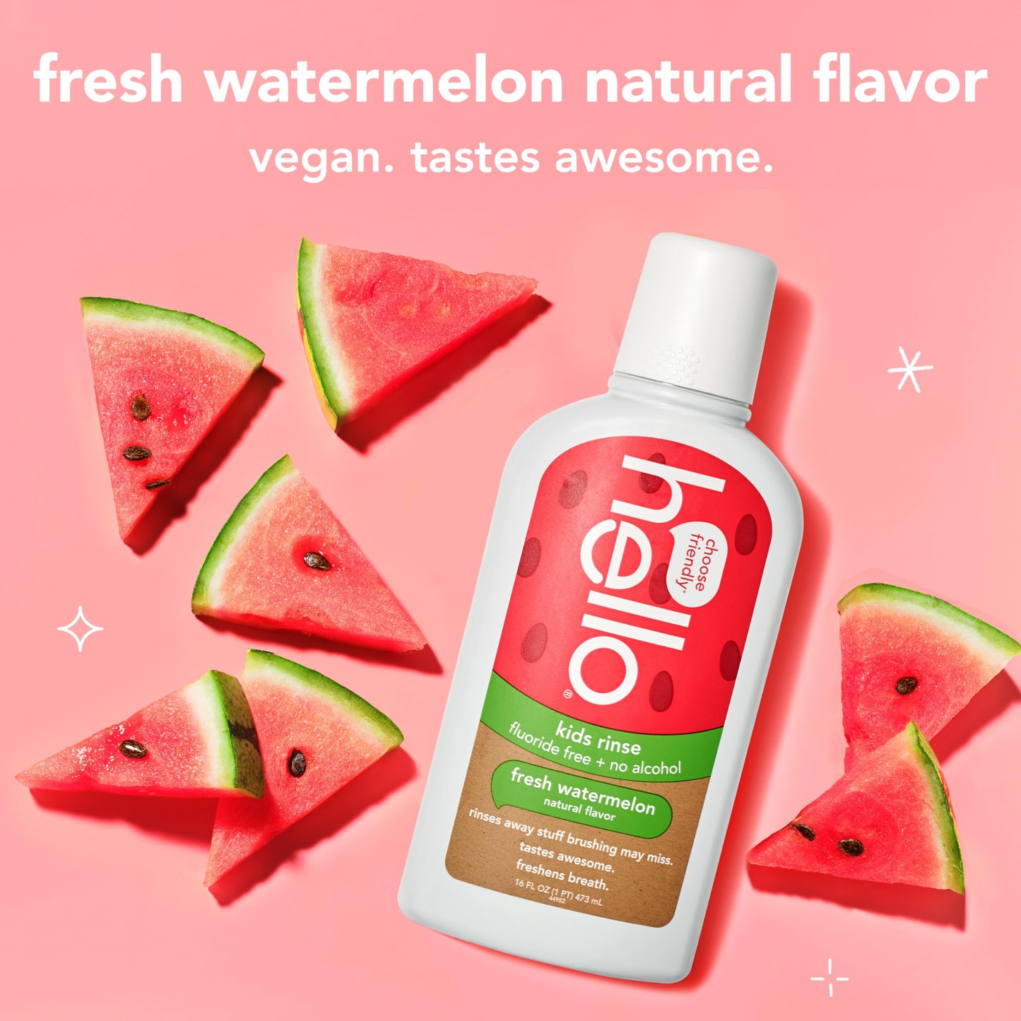 Hello Natural Watermelon Flavor Kids Fluoride Free Rinse, Alcohol Free, Vegan, SLS Free, Mouthwash for Kids Age 6 and Up, 16 Fl Oz (Pack of 3)