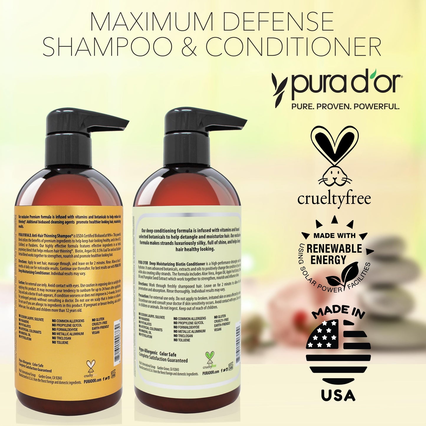 PURA D'OR MD Anti-Thinning Biotin Shampoo & Conditioner Set (16oz x2) Maximum Defense Coal-Tar Strong Scented Hebal Blend Hair Thickening Products For Women & Men, Daily Shampoo For Scalp Health