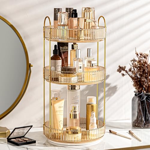 Makeup Organizer for Vanity, 360¡Æ Rotating Bathroom Organizer Countertop, High-Capacity Skincare Organizer, Spinning Cosmetics Organizer for Dresser Countertop (3 Tiers, Amber)
