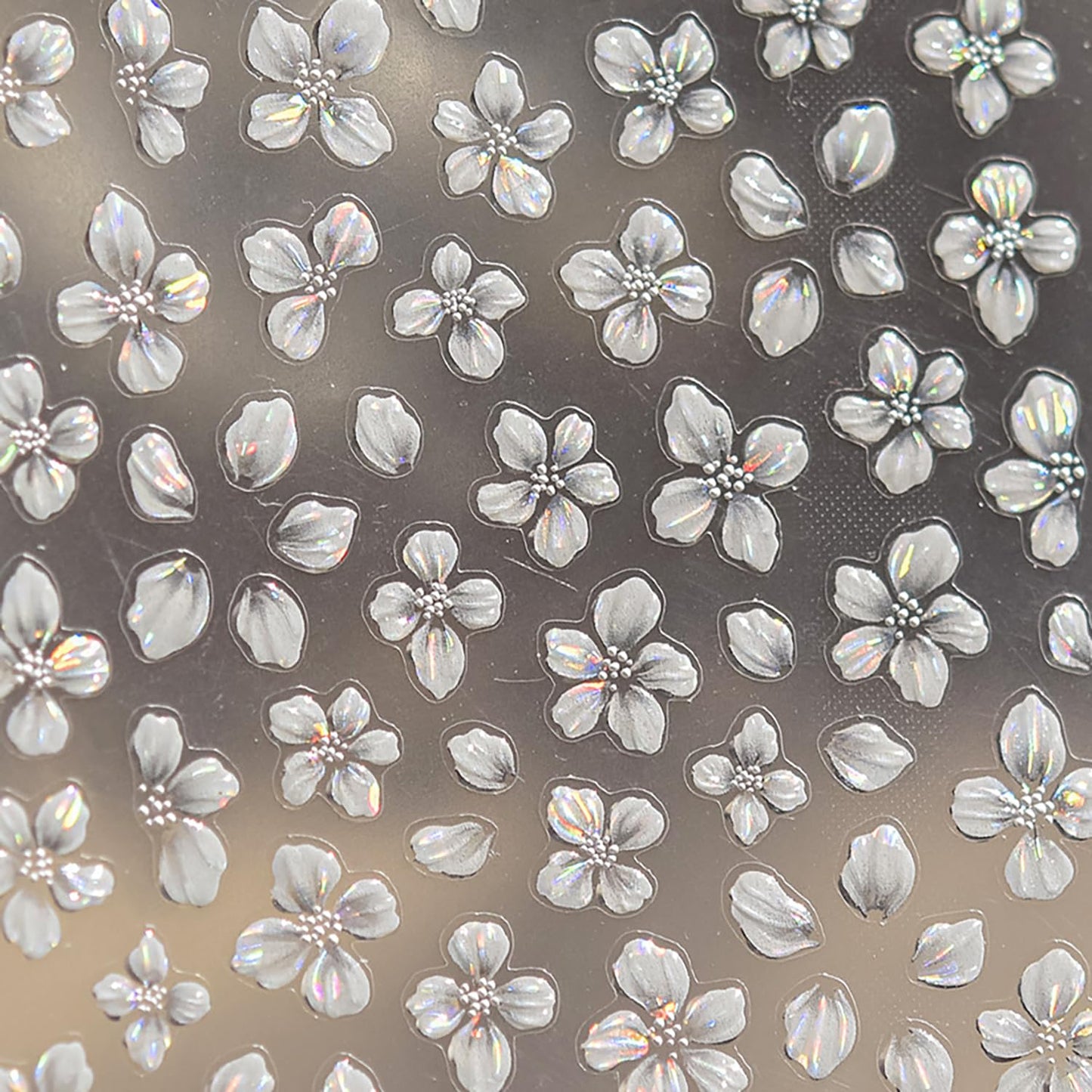 1 Sheets Embossed Flower Nail Stickers for Nail Art Holographic Laser Summer Floral Nail Art Stickers 5D Self-Adhesive Crystal Petals Nail Decoration White Flowers Nail Decals for Women Nails Designs