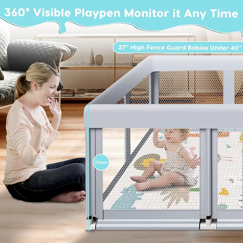 Fshibila 74 x 50 Inch Baby Playpen with Mat, Large Indoor/Outdoor Play Yard, Breathable Mesh Safety Fence, Grey