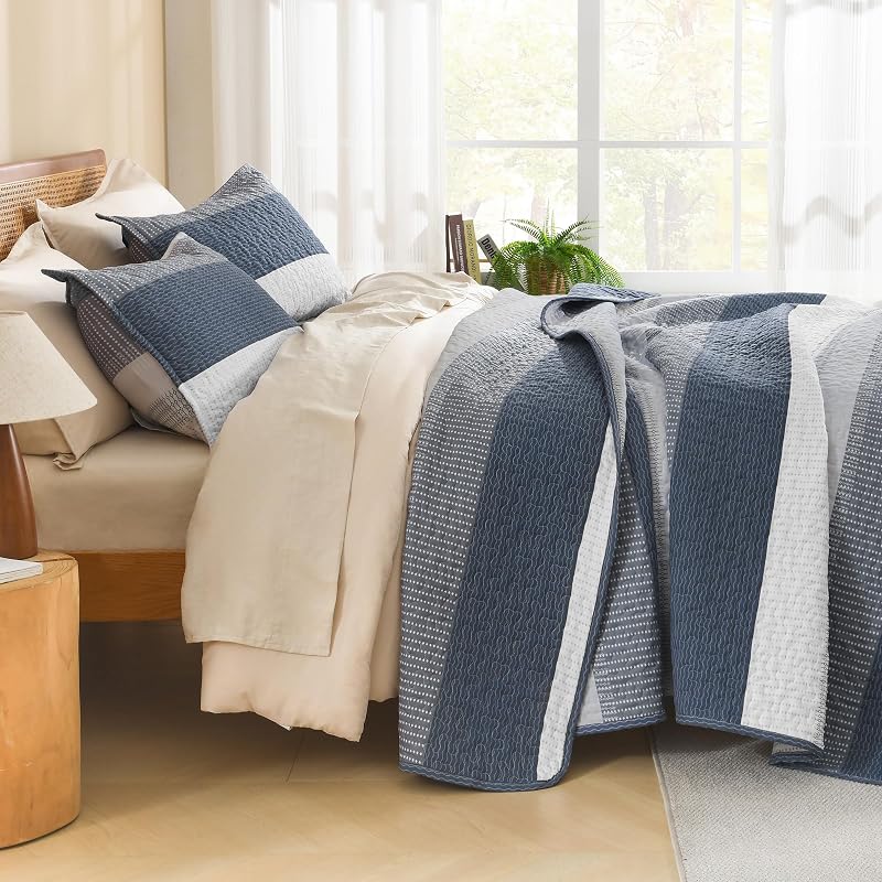 Litanika Super King Quilt Set Navy Blue Stripes - 3 Pcs 120" x 120" 2 Pillowcases (Variation 05)