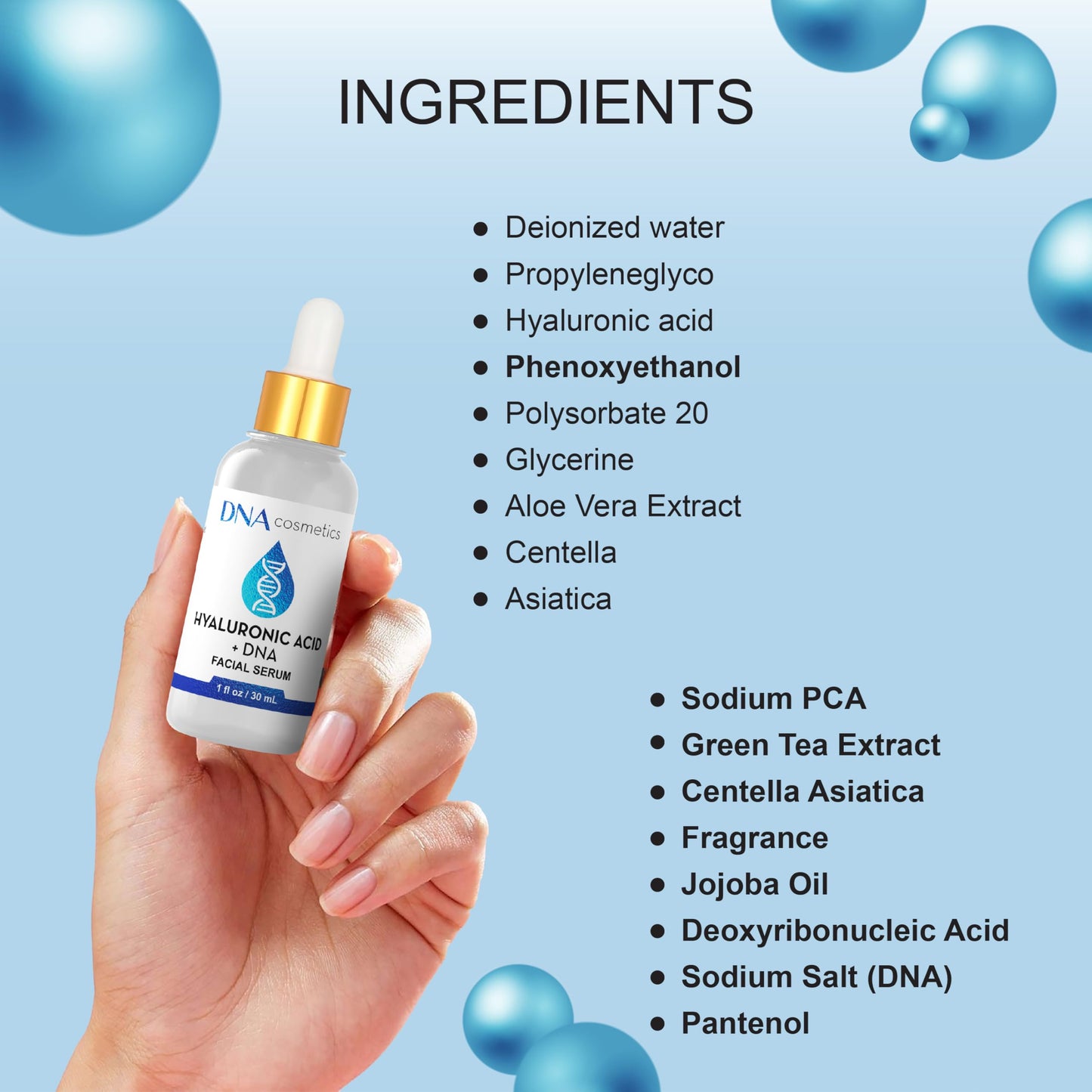 DNA Cosmetics PDRN Hyaluronic Acid Serum with DNA Repair Enzymes – Anti-Aging, Hydrating & Brightening, Wrinkles, Dark Spots & Youthful Skin HA Acido Hialuronico – 1 fl oz