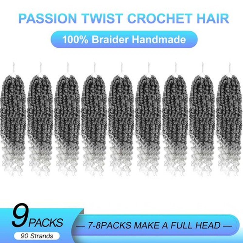 Grey Passion Twist Crochet Hair,12 Inch 9 Packs Pretwisted Passion Twist Hair, Soft Pre Looped and Pre twist Crochet Hair For Women，Short Curly Crochet Braids(12",9bundles,1B/Gray#)