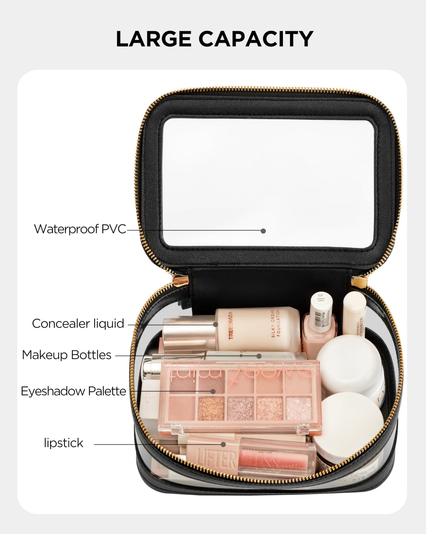 Vorey Large Clear Makeup Bag for Women, Portable Travel Makeup Bag Organizer Waterproof Toiletry Bag Cute Makeup Bags Cosmetic Bag Makeup Pouch, Black