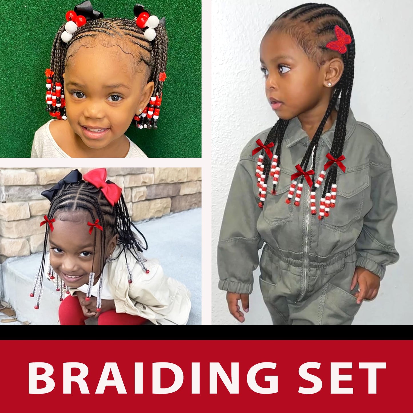 Arocooy 100PCS Hair Beads for Braids Coquette Red Bow Hair Clips Embroidery Butterfly Hair Clips Black Loc Dreadlock Beads Cute Hair Decoration for Girls Women