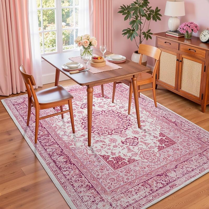 Washable Vintage Area Rug 8x10 - Pink Medallion Distressed Rug with Non-Slip Backing (Variation: Pink & White+8' x 10' Rectangular)