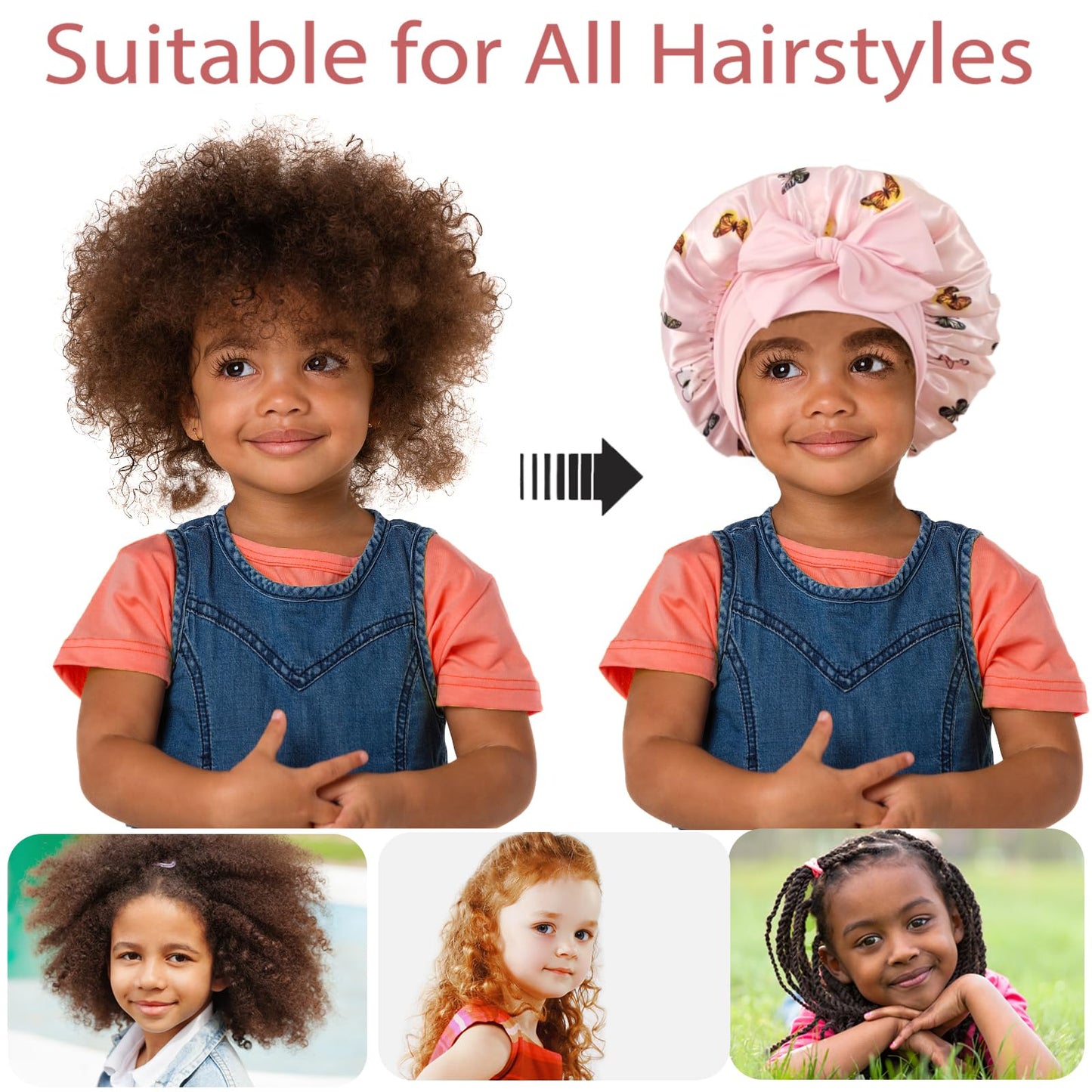 2 PCS Kids Satin Bonnets for Girls with Scrunchies,Hair Bonnet for Sleeping,Toddler Tie Silk Bonnets Curly Sleep Cap