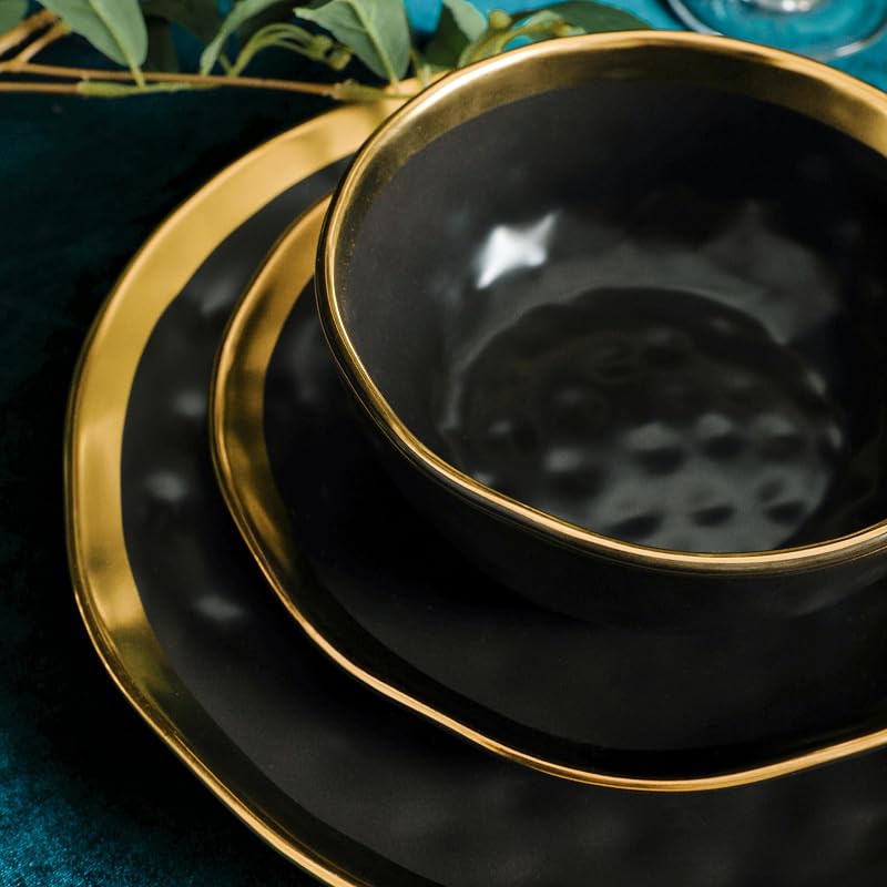 Stone Lain Florian Black & Gold 16-Piece Porcelain Dinnerware Set for 4 - Includes Plates, Bowls & Mugs